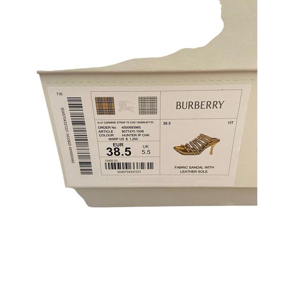 Burberry 76MM Step Check Cotton Heeled Strappy Sandals Buckled Square Toe Sz38.5
